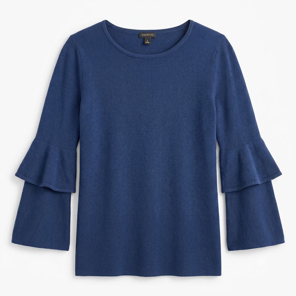 Talbots Tiered Flare Sleeve Sweater Navy Blue Scoop Neck Cotton Womens Small